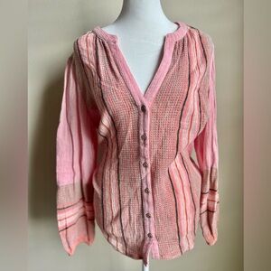 Liverpool Boho Coastal Pink Stripe Cotton Button Down Blouse  Medium